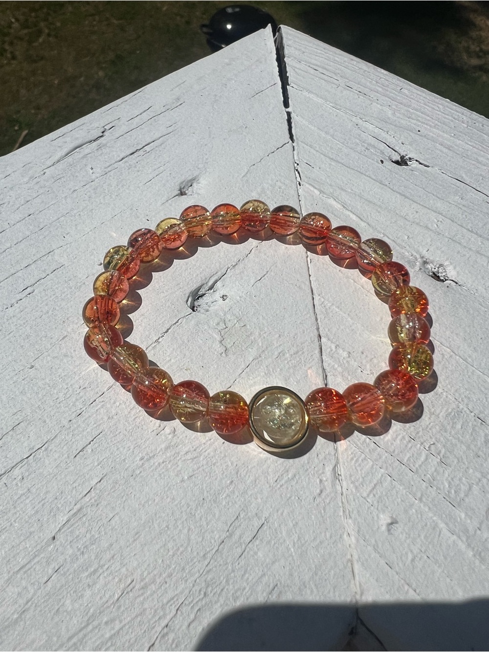 Glass Bead Stretch Bracelet in Amber Orange with Gold Accent